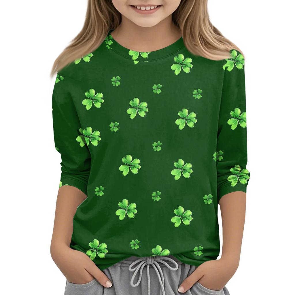 St. Patrick's Day Print Tops For Youth Girls 4-11 Years Round Neck 3/4 Sleeves T-Shirts Trendy Tops Outfit Tees