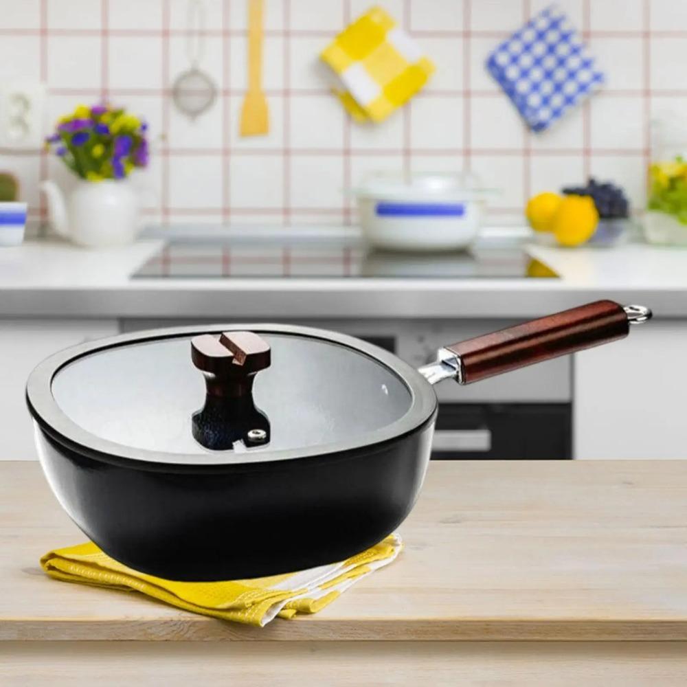 Durable Refined Iron Square Frying Pan No Coating Flat Bottomed Wok Wood Handle with Visible Cover Nonstick Pan Chef
