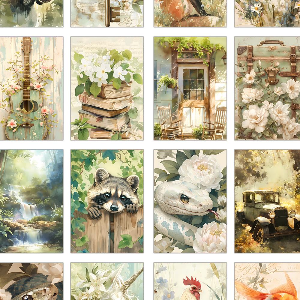 32pcs, vintage illustration postcard set, green, suitable for birthday/anniversary gifts, collectible, giftable, and mailable.