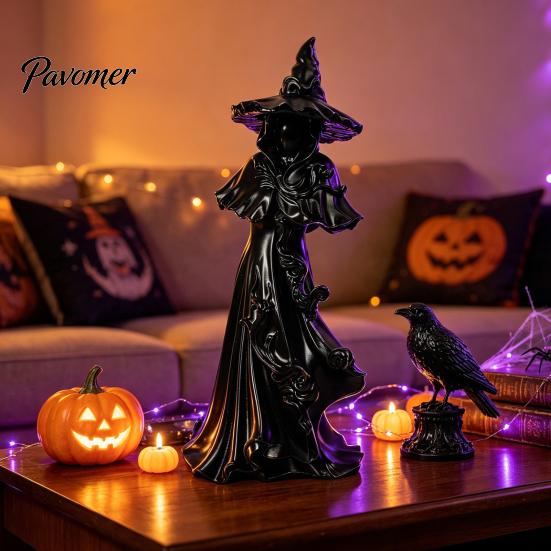 Dark Aesthetic Shelf Ornaments 12 Inch Black Resin Faceless Witch Figurine, Gothic Spooky Robed Statue with Halloween Party Centerpieces Pointed