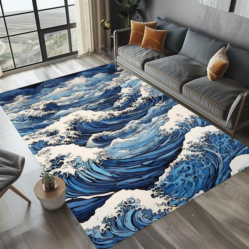 Ocean Wave Carpet Mat Rug Blue White Modern 3D Effect Marine Non-Slip Durable Home Decoration Living Room Balcony Floor Mat