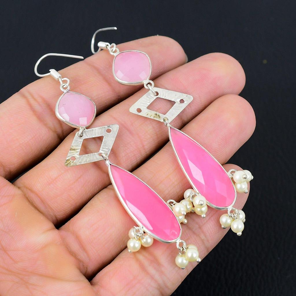 Natürlicher Rosa Chalcedon Sterlingsilber Trendige Hängende Elegante Ohrringe Schmuck