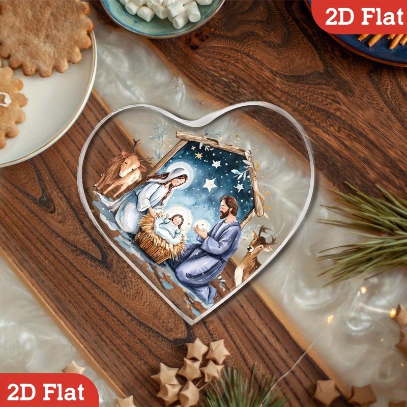 2D Flat Heart-Shaped "Nativity Scene" Acrylic Desktop Decoration, Shepherds & Lambs, Suitable for Wall Decoration, Porch, Room, Villa, Accents Home, H