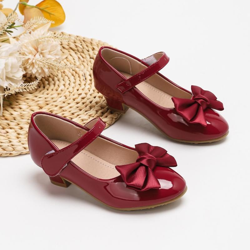 

Fashion Kids Leather Shoes Non-slip Catwalk Girls Princess Causal High Heel Shoes Wine Red Bowknot Children Wedding Party Shoes 28