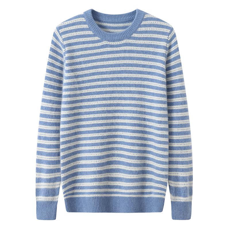 Men's 100% Pure Wool Striped Round Neck Sweater - Casual Cashmere Knitwear