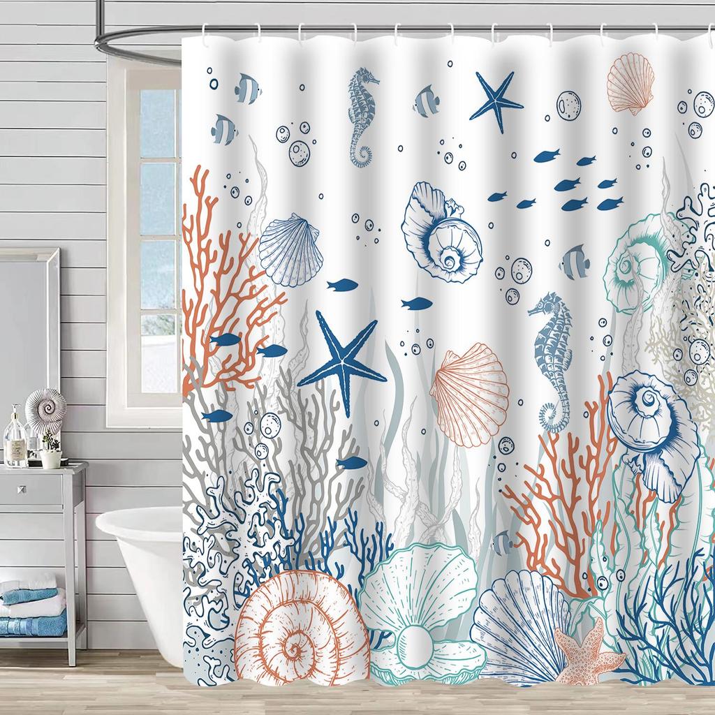 Wodoodporna zasłona prysznicowa 3D z motywem żółwia morskiego i rozgwiazdy, odporna na pleśń