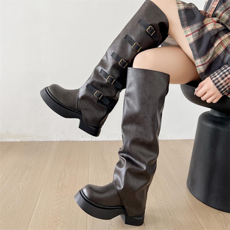 Black British style but knee thick heel platform boots women's 2025 new autumn height-increasing and thin retro boots