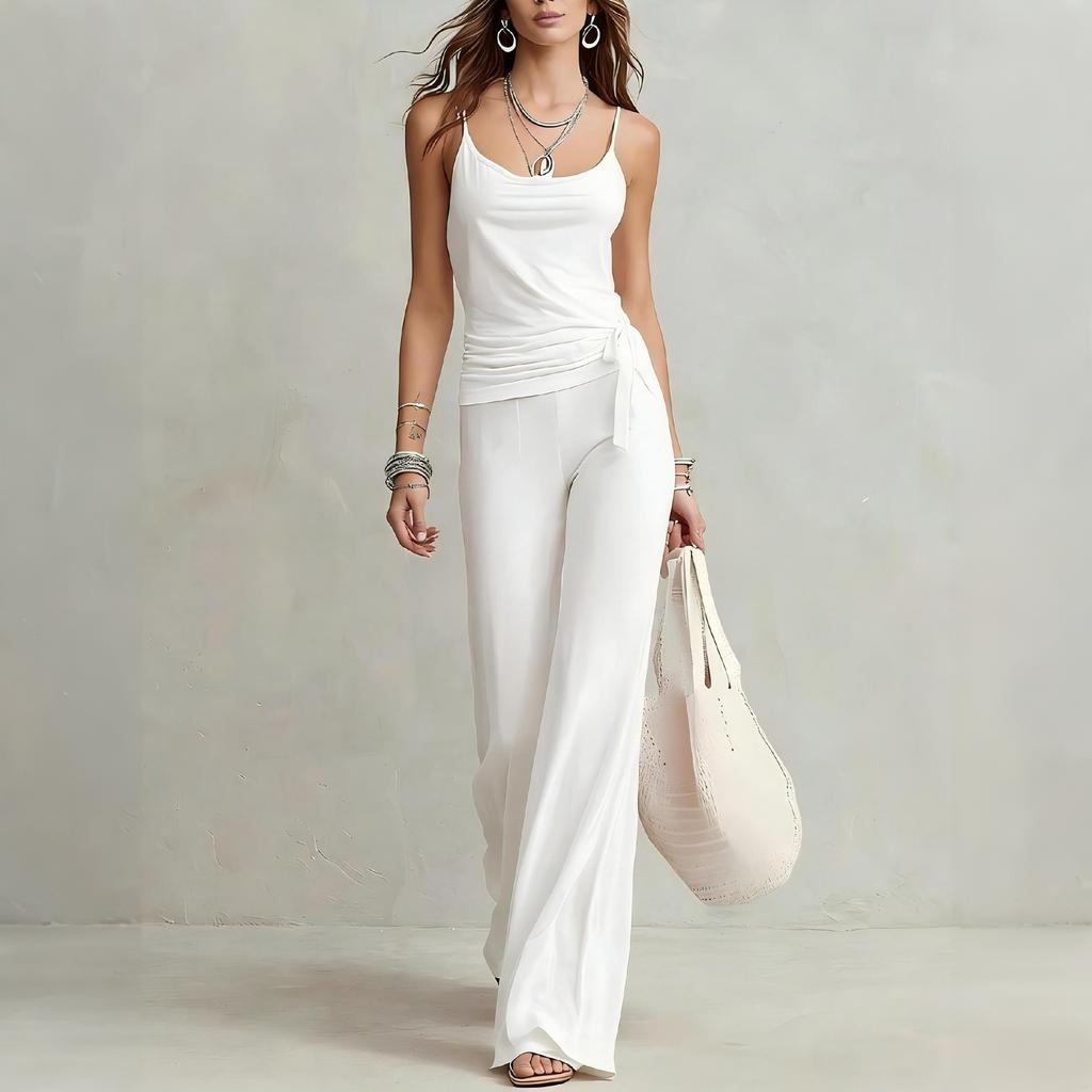 Women Casual Two Piece Set Sleeveless Tank Top with High Waist Wide Leg Pants Lounge Wear Summer Outfit