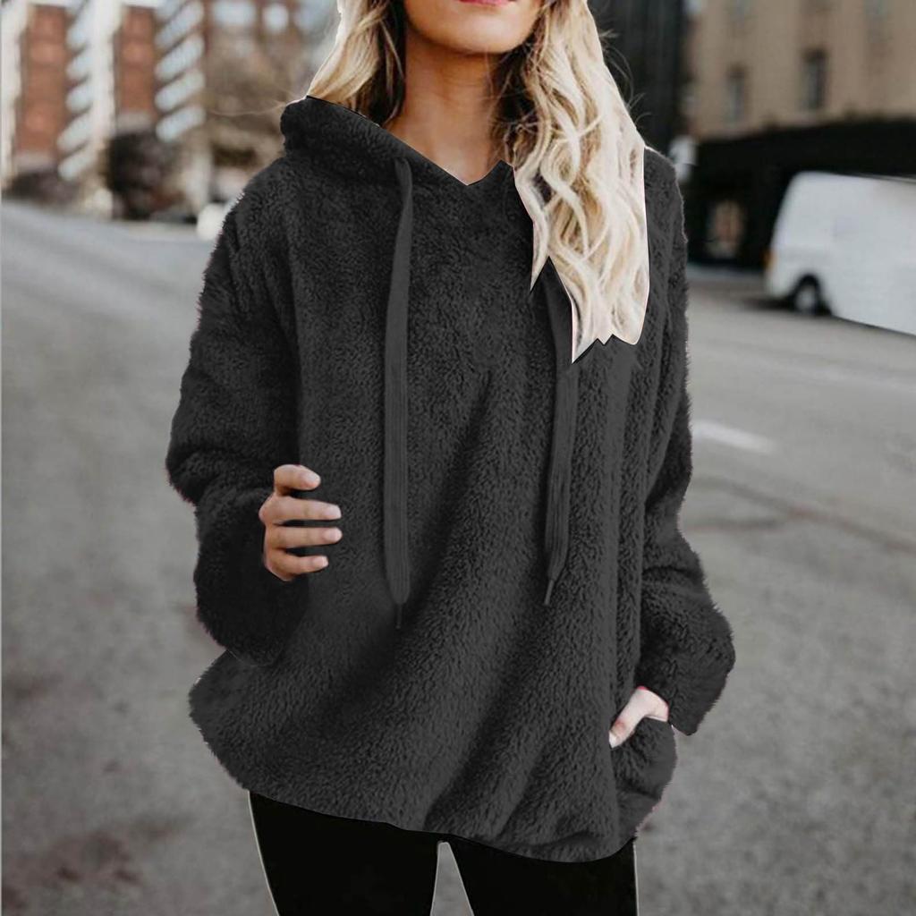 Women's Fashionable Warm Fleece Solid Color Hoodie Zipper Pocket Casual Sweatshirts