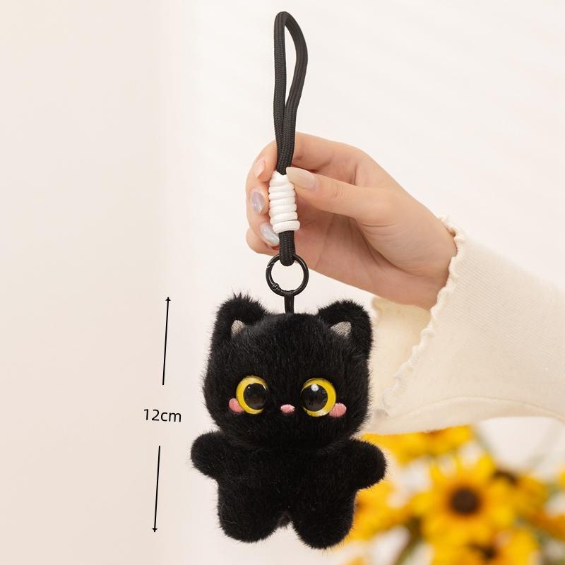 12Cm Black Cat Plush Keychain Squeezable Sound Shoulder Bag Decor Doll Car Pendant Cute Toy Gift For Kids
