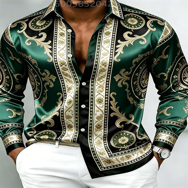 Men Silky Satin Button‑Down Shirt Vintage Silver Baroque Medallion Pattern Long Sleeve Turn‑Down Collar Male Banquet Party Casua