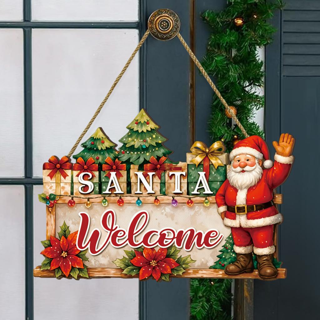 Christmas Door Hanging Wooden Christmas American Welcome Doorplate Wreath Pendant Hanging Decoration Sign Wall Decoration