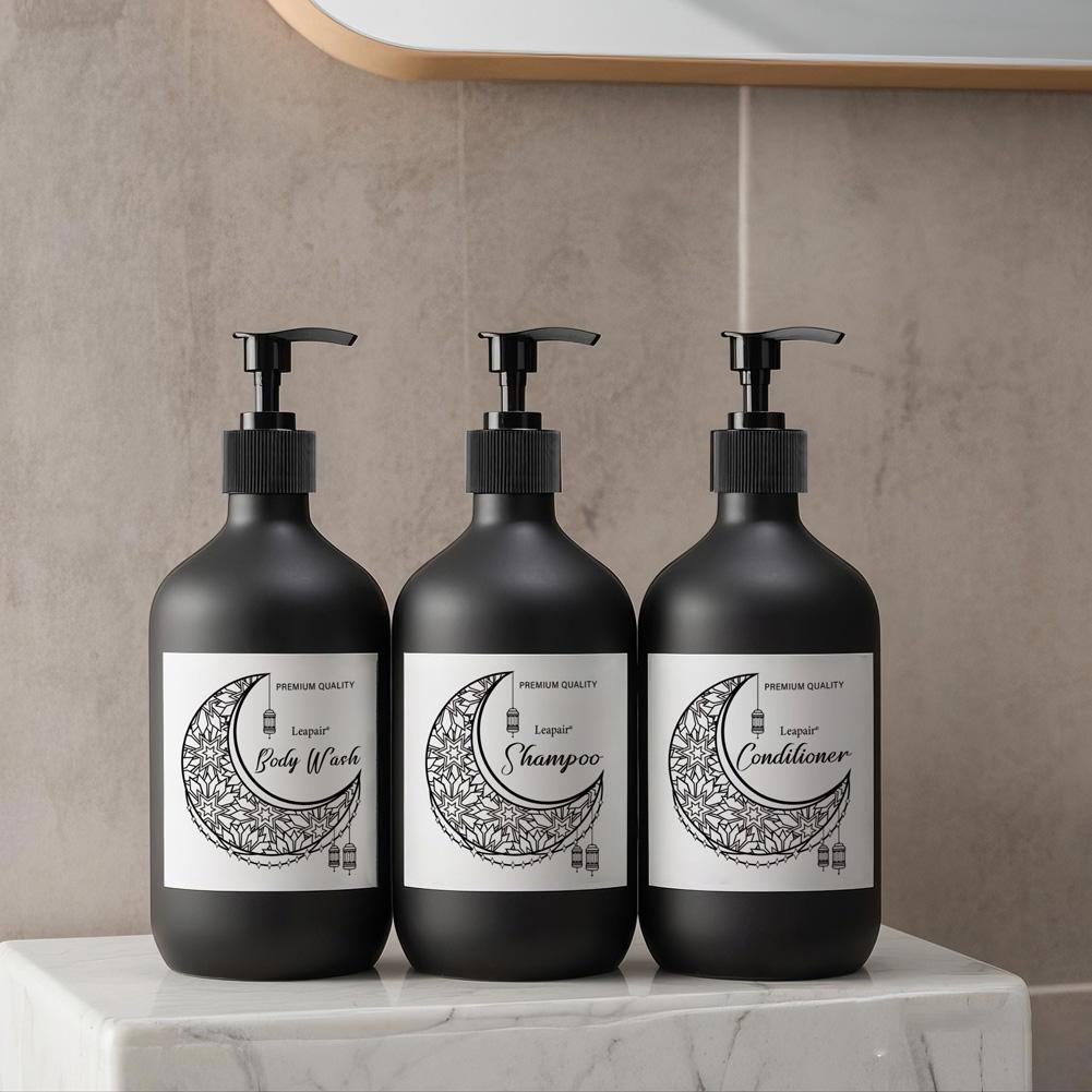 Refillable Shampoo Conditioner Body Wash Dispenser With Tray/White Labels Hand Press Bottle Ramadan Muslim Decor Ornament