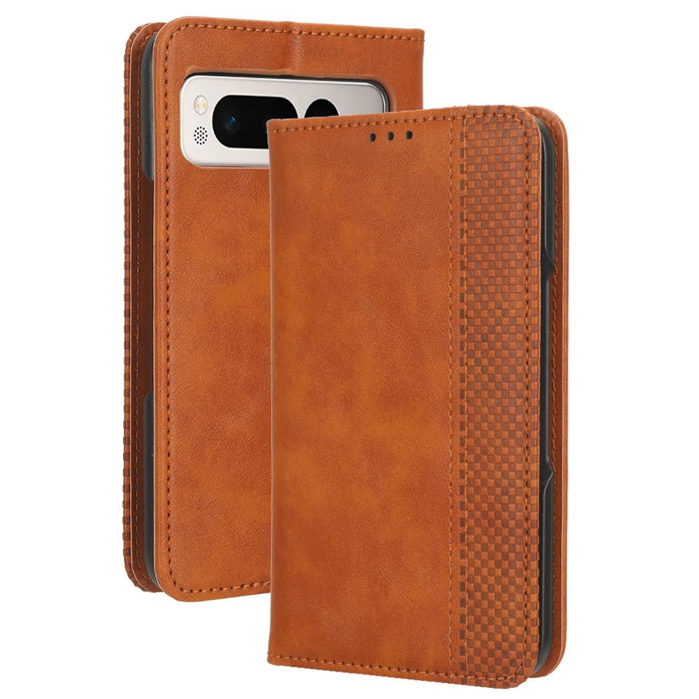 

For Google Pixel Fold PU Leather Stand Case Shockproof PC Inner Shell Retro Phone Cover Brown