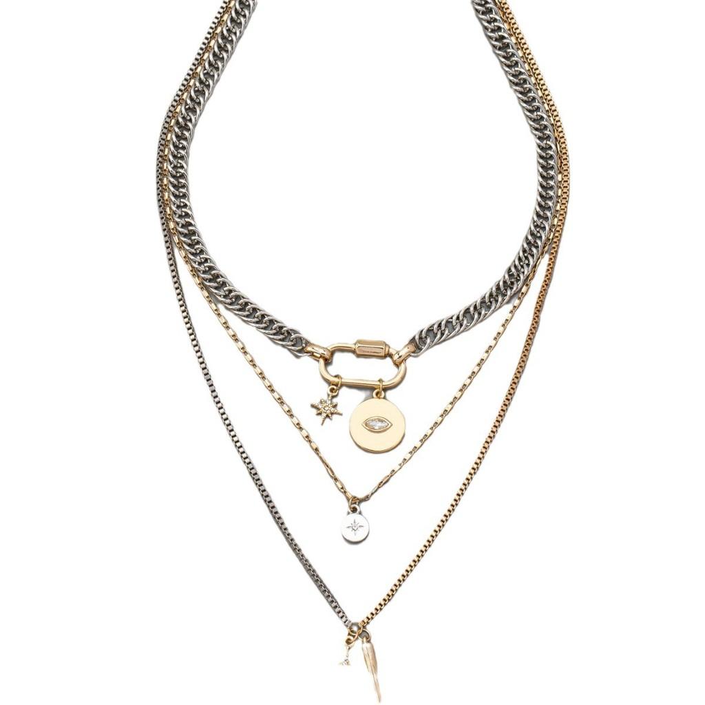 Geometric Alloy Multilayer Necklace For Women With Pendant And Locking Chain