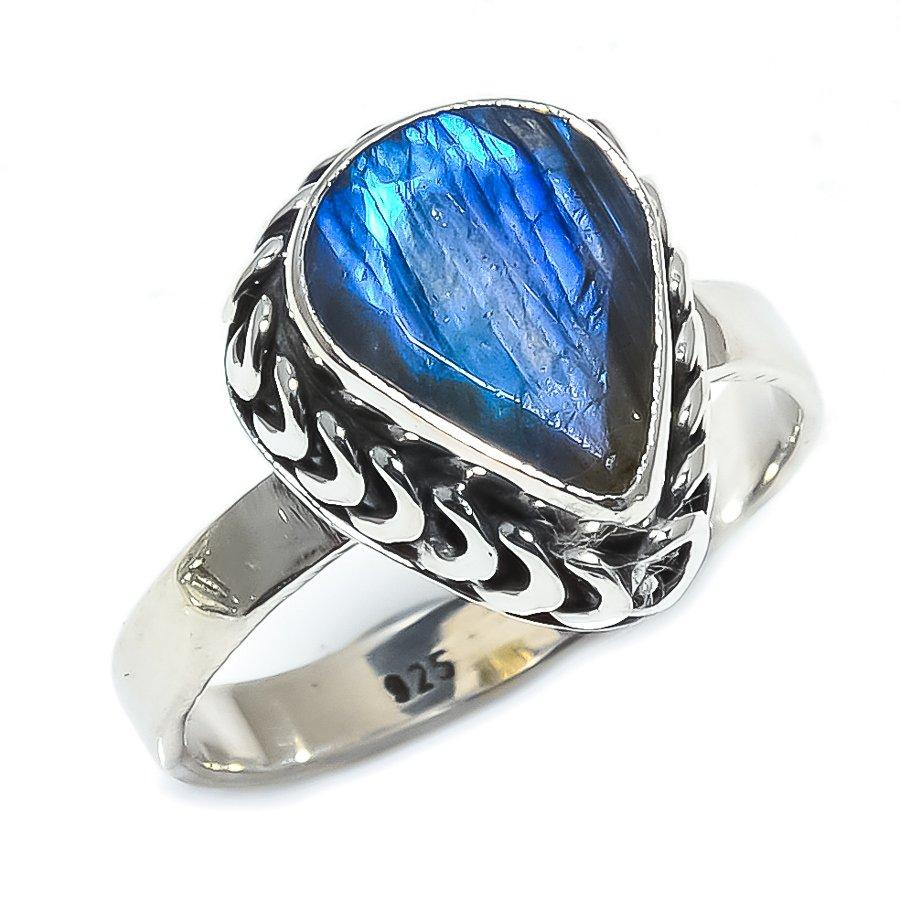 Natural Labradorite Gemstone Handmade 925 Solid Sterling Silver Ring Size 9 J0P02