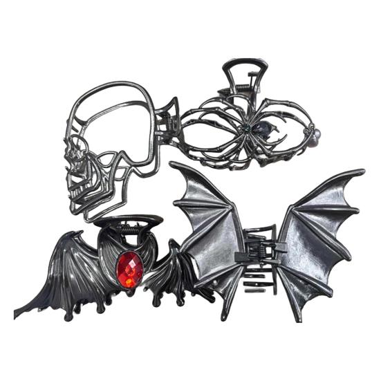 4Pcs Halloween Hair Claws Black Spider Web Skeleton Hand Bat Shape