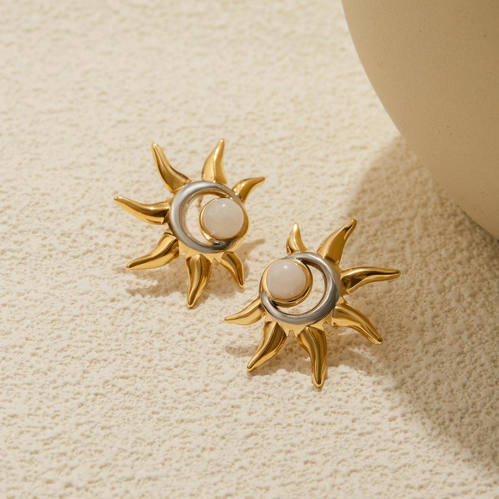 Youthway Gold And Color-Blocking Design Moonstone Sun Stud Earrings Stainless Steel Women’S Everyday Jewelry Gift