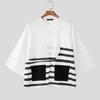 INCERUN Oversized Men Casual Loose 3/4 Sleeve Splits Irregular Front Cross Striped Print T-Shirts Tops