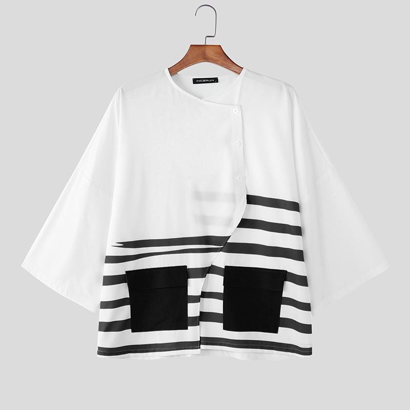 INCERUN Oversized Men Casual Loose 3/4 Sleeve Splits Irregular Front Cross Striped Print T-Shirts Tops