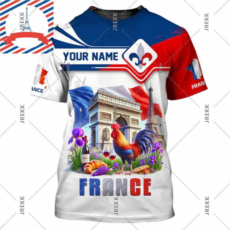 Französisches Flag Football T-Shirt für Herren 3D-Druck Hahn Rundhals-T-Shirts Benutzerdefinierter Name Streetwear Sommer Mode Trend Tee