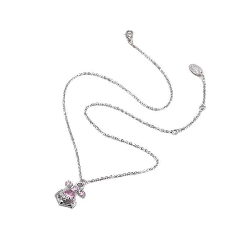 Westwood Pink Zircon Necklace and Earrings Set with Ear Cuffs - Fashionable High-End Clavicle Chain