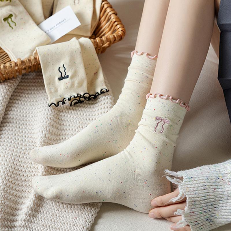 SCIONE Women's Pile Socks Solid Color Cotton Socks Spring and Autumn Yarn Stockings Cute Kapibala Series Ruffled Trim Embroidered Girl Socks
