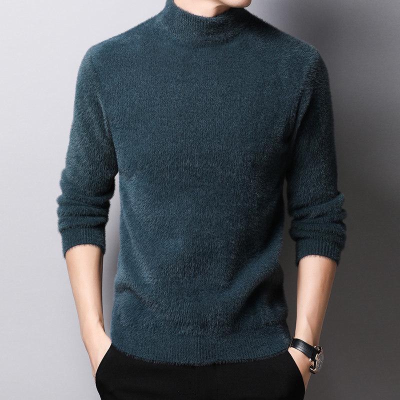 Herren Bestickter Goldener Nerzimitat Kaschmirpullover - Mittelhoher Kragen Warm Lässig Pullover