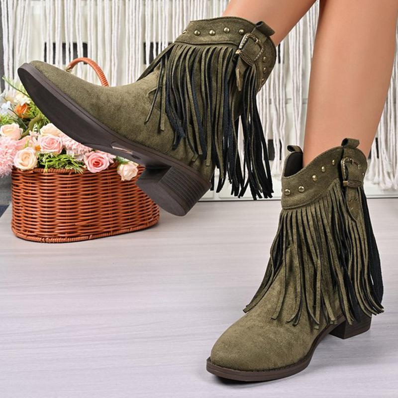 

Fashion Vintage Tassel Detor Ankle Boots Women Spring Autumn Pointed Toe Square Heel Boots Woman Fashion Slip On Plus Size Booties Lady 43