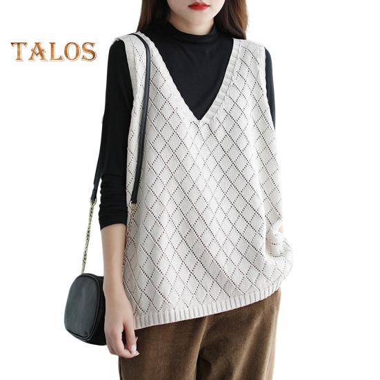 Spring Fall Women Vest Knitted Sweater Retro V Neck Loose Sleeveless Solid Color Pullover Hollow Out Rhombus Texture Daily Wear Top