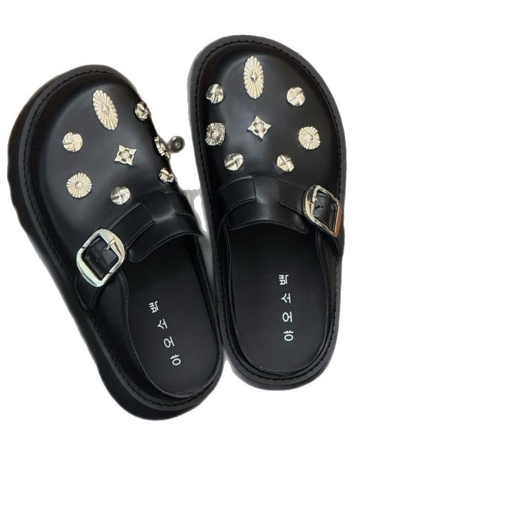 MONA same shoes 2025 new retro bag head half slippers women's outer wear rivets casual leather platform muller shoes