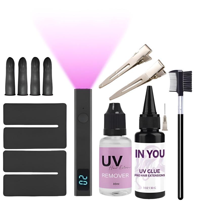 

Professional Hairdresser UV Hair Extension Kit Clear 30g UV Glue 30ml Remover Fast Cure UV Lamp for Hair Wig Eyelash Extensions A set