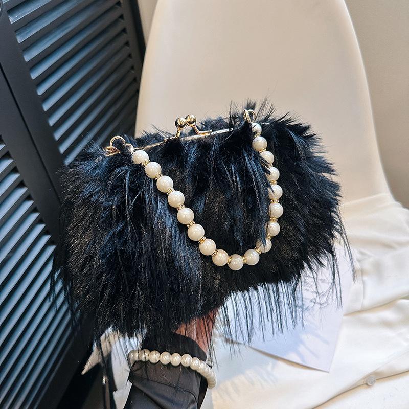 Hot Sale Retro Large Capacity Plush Women's Bag Pearl Chain Small Square Bag Shoulder Crossbody Bag