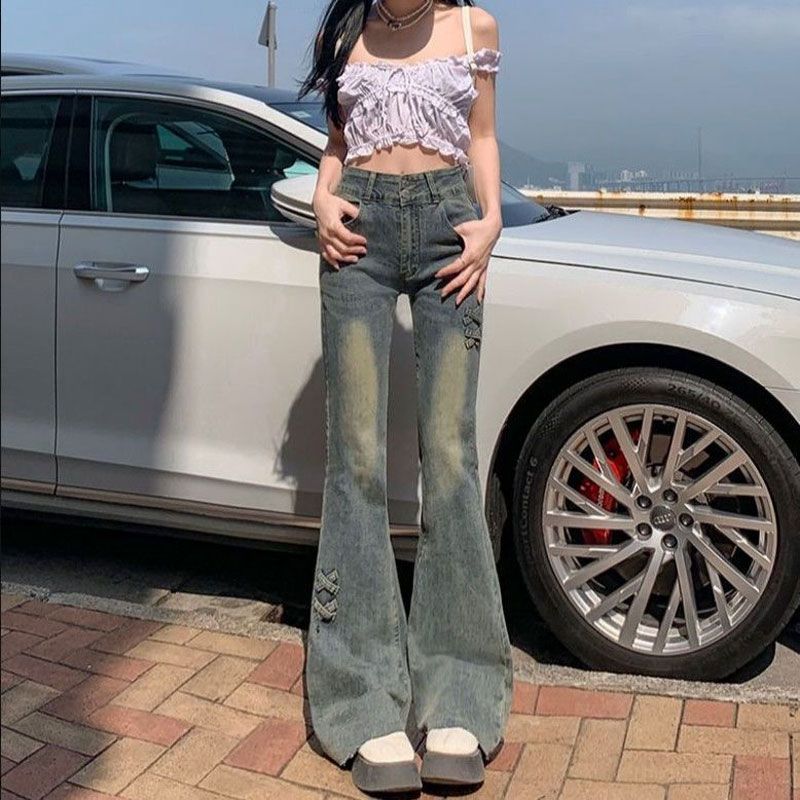 Design Sense Slightly Flared Jeans Women Double Buckle High Waisted Yard Stretch Slim Horseshoe Flare Trousers Tide Jeans for Women Long Denim Pants