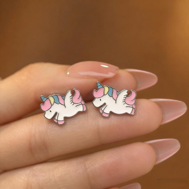 Beixi S999 Silver Needle Unicorn Stud Earrings - Cute Rainbow Pony Design for Girls and Students