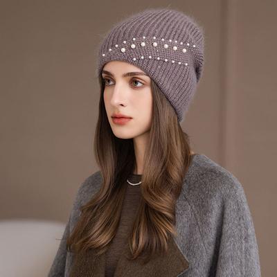 Rabbit Fur Hat Women Autumn and Winter Fashion Pearl Versatile Ear Protector Stacking Hat Pullover Cold Hat