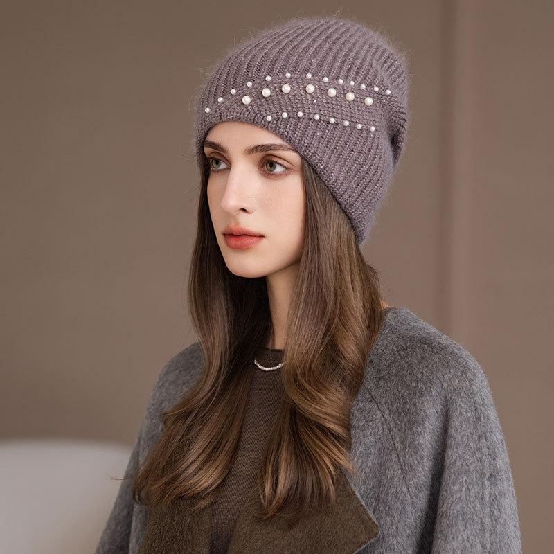 

Rabbit Fur Hat Women Autumn and Winter Fashion Pearl Versatile Ear Protector Stacking Hat Pullover Cold Hat one size