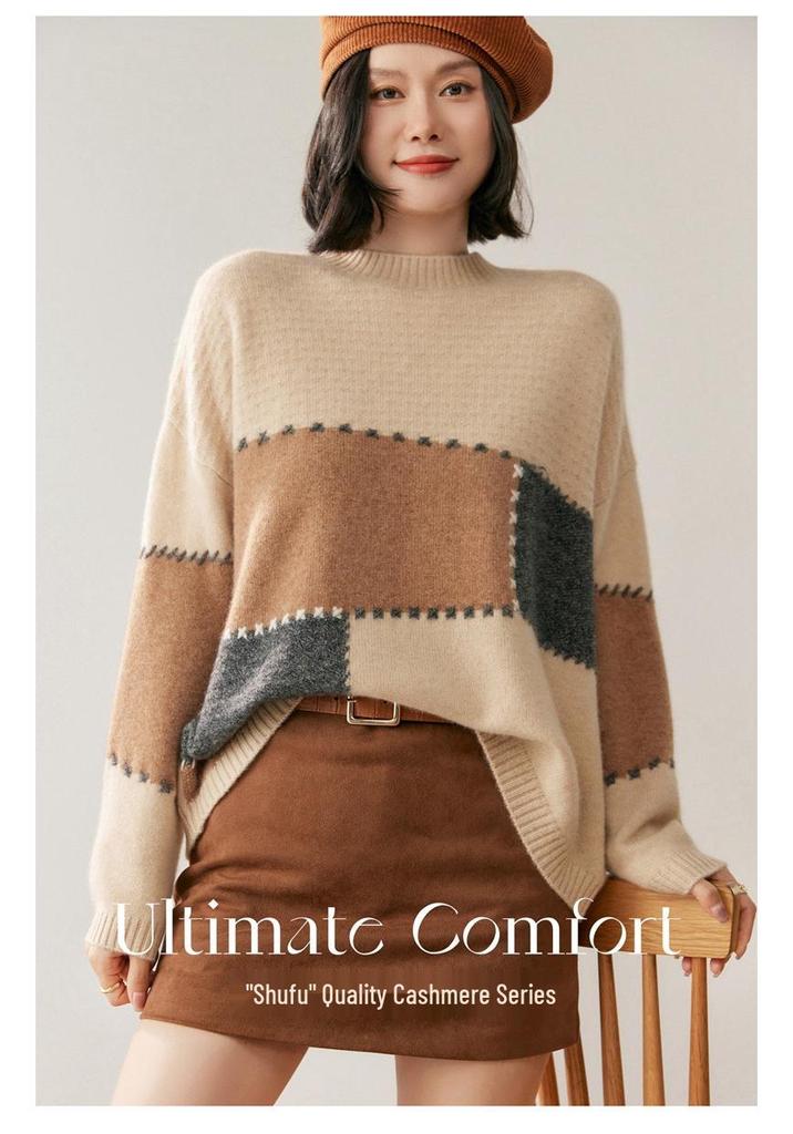 Women's Cashmere Color Block Knit Sweater, Autumn & Winter Half-High Neck, Warm & Gentle Style