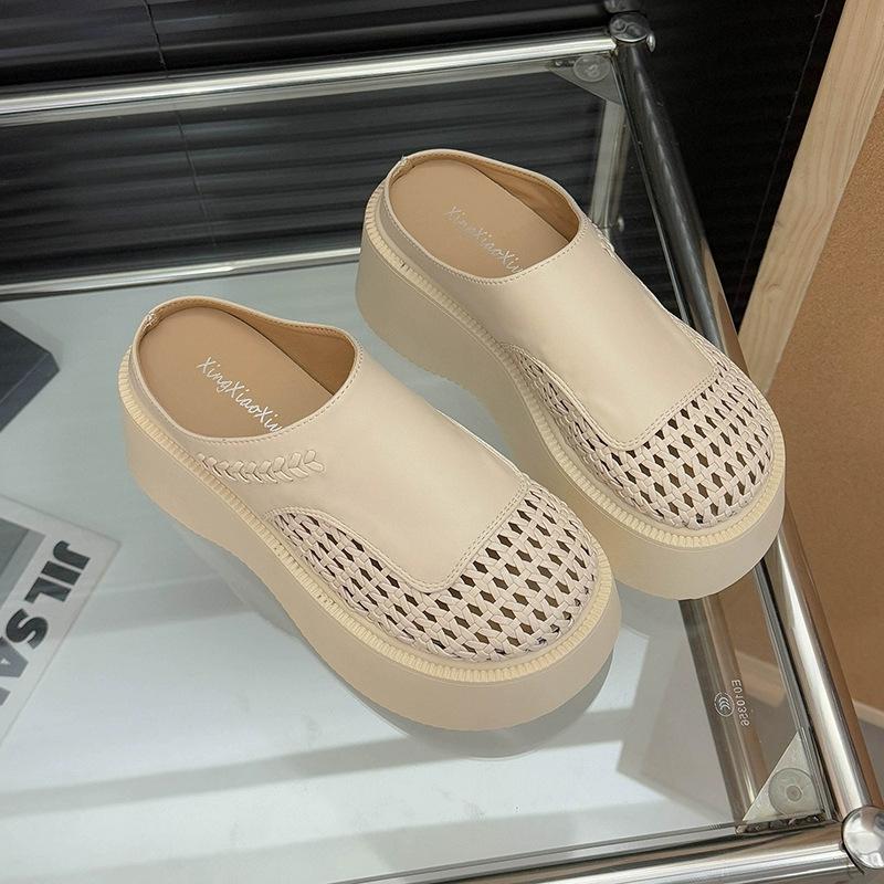 2025 Summer New Outer Wear Temperament Bag Head Slippers Korean Version Fashionable Versatile Thick Bottom Breathable Mesh Half Drag Women
