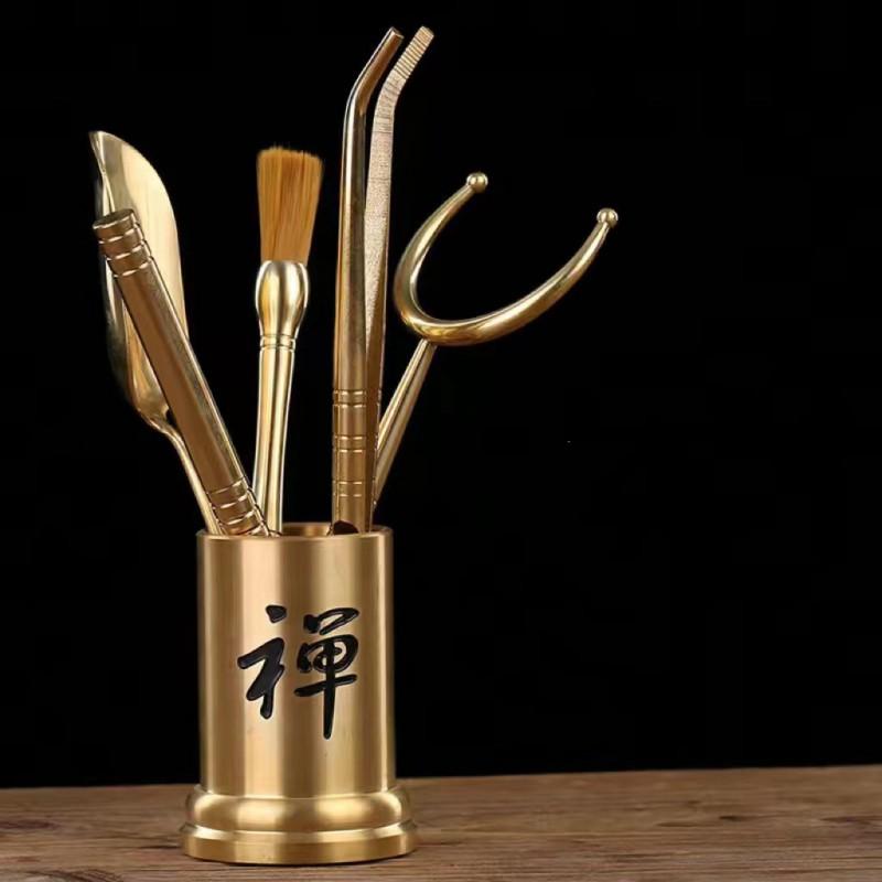Brass Tea Ceremony Six Tools Set - Tongs Scoop Needle Brush Fork Holder Gongfu Making