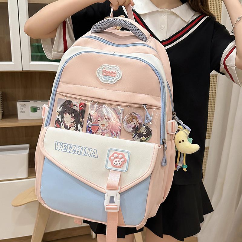 Blocked Color Fashionable Letter Printed Student Backpack With Pendant For Daily