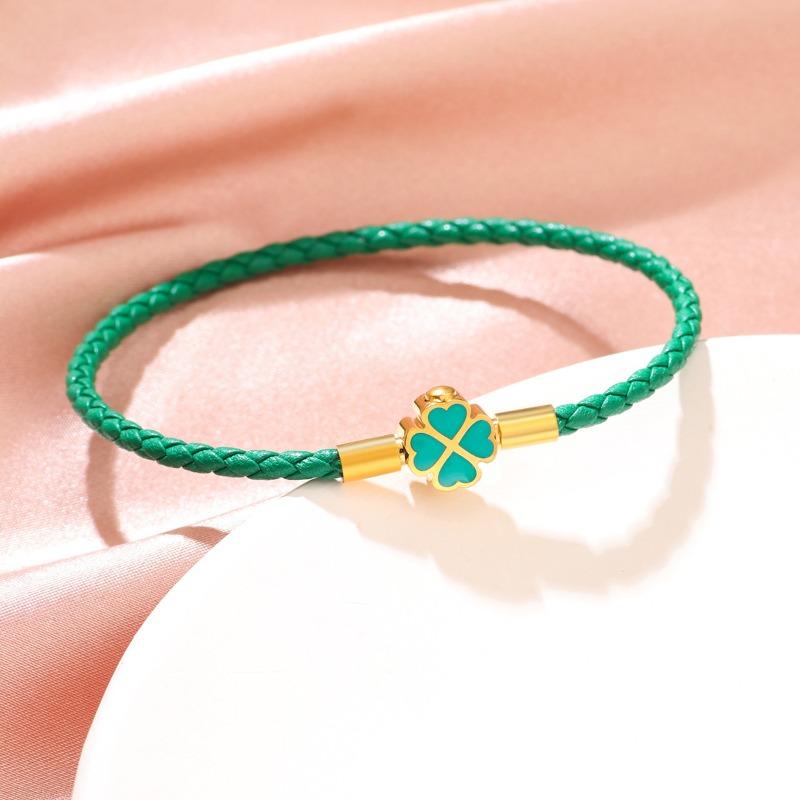 Glücksklee Armband für Frauen Echtes geflochtenes Lederarmband 6 Farben Geburtstagsfeier Schmuck Weihnachtsgeschenke