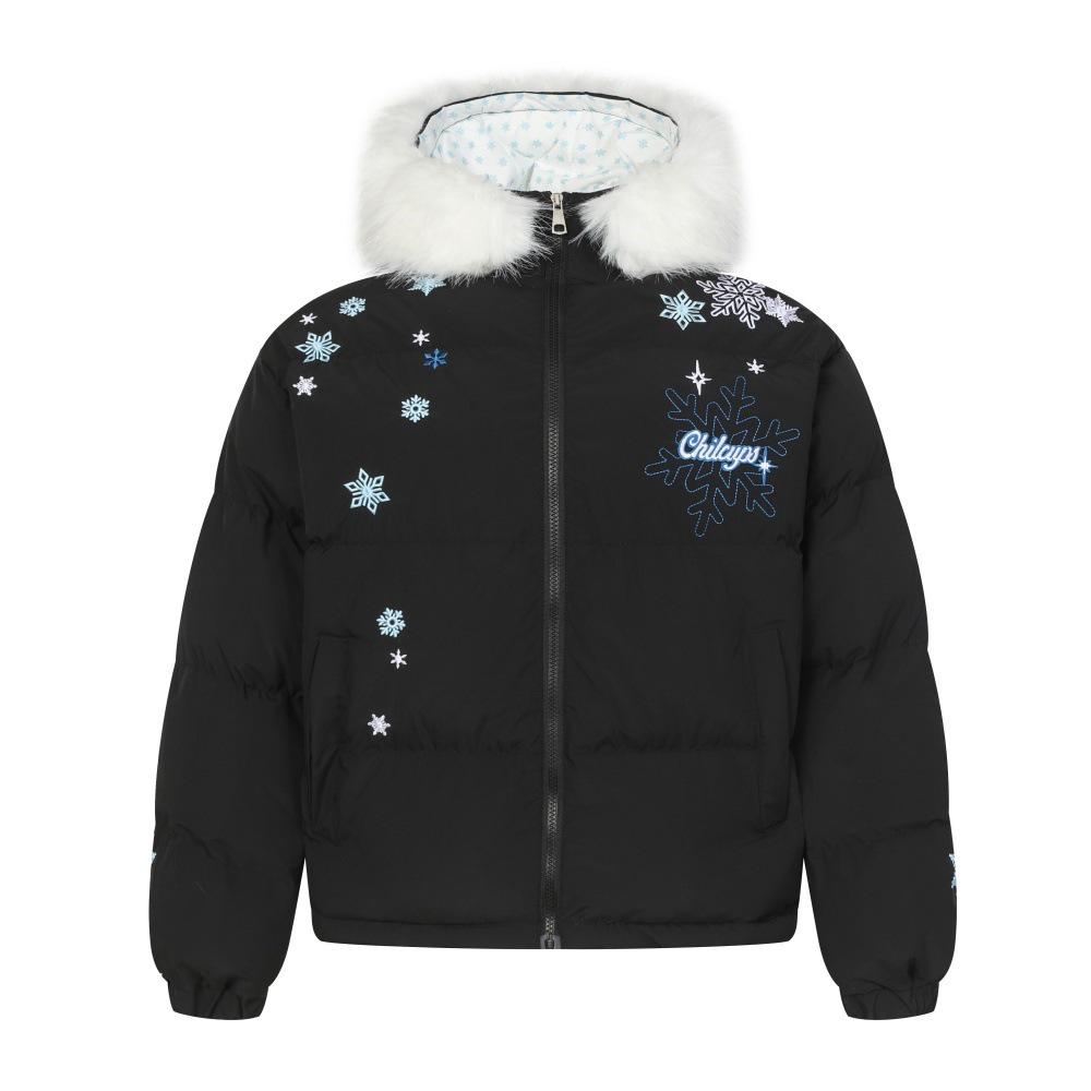 Men s Loose Fit Hooded Puffer Jacket with Removable Fur Collar and Snowflake Embroidery Extra Large
