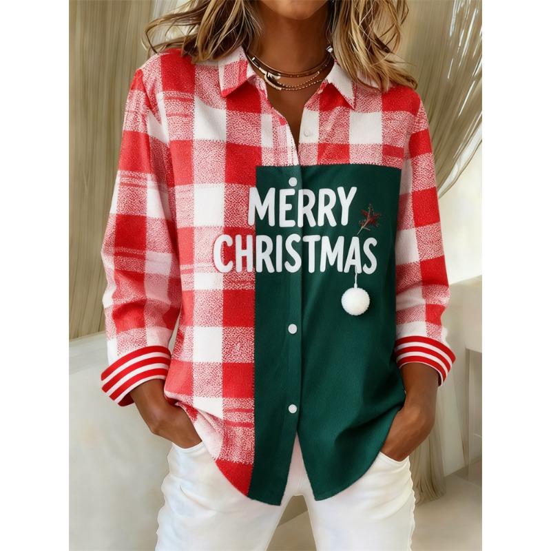 Christmas Style Women's Long-Sleeve Collared Breathable Shirt Relaxed Fit Plus Size Women's Christmas Party Top