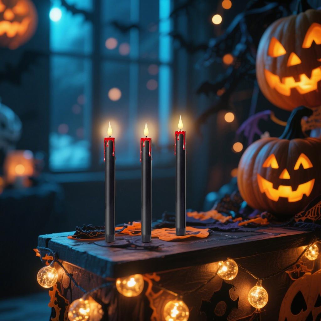 Halloween Black Conical Flameless Candle, 3D Flame Halloween Decorative Candle Light Remote Control LED Electronic Tearful Candle Light