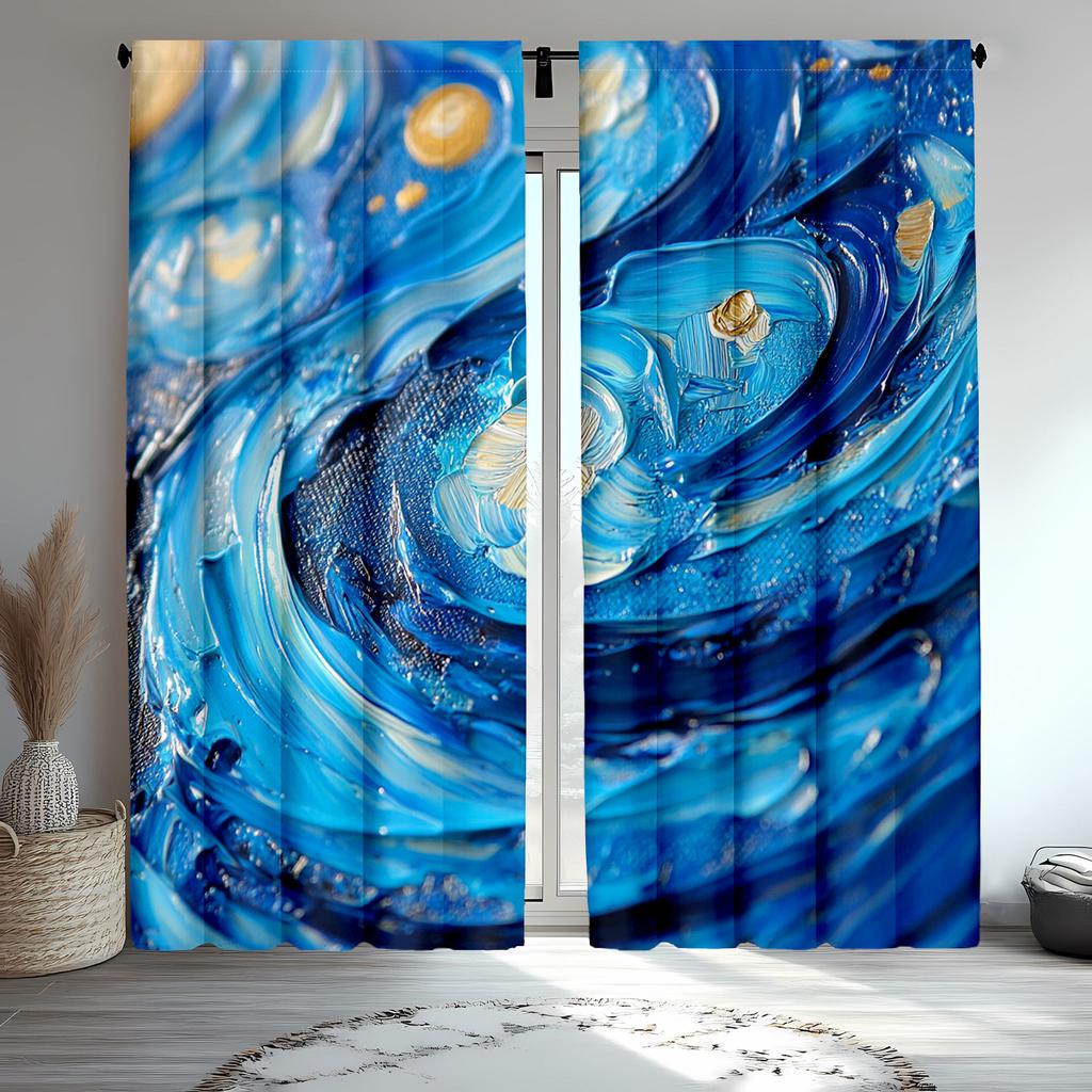 2pcs Classic Starry Night Polyester Curtains Blue Van Gogh Inspired Design Bedroom & Living Room Decor 52x84 Inches Each Pane