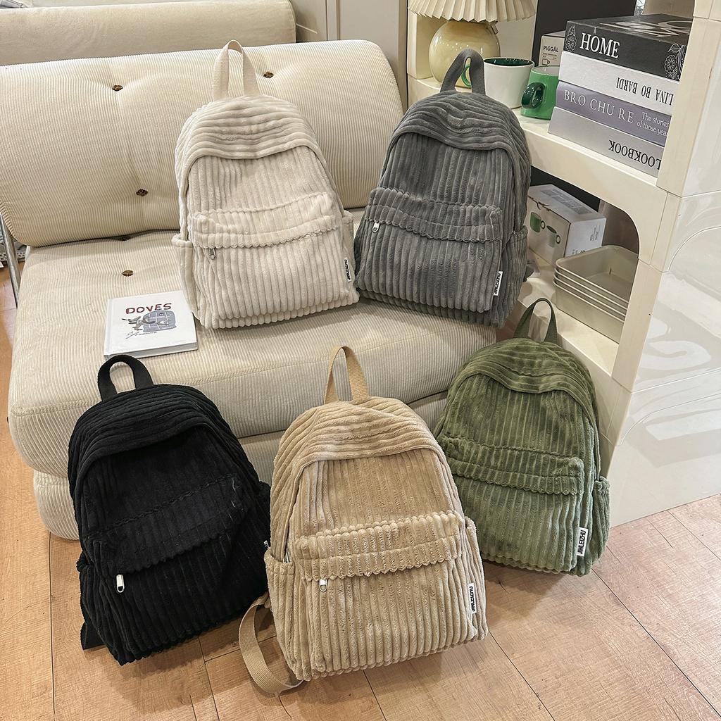 Schoolbag Solid Color Corduroy Backpack Bag Women's New 1011 Fashion Simple Small Backpack Casual Student Going Out Schoolbag