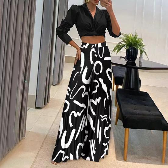 Women Pants Oversized Wide Leg Elastic High Waist Casual Trousers Retro Print Loose Fit Long Pants Streetwear