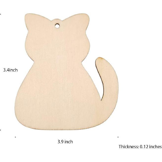 30 Pack 4 Inch Wood Cat Cutouts Unfinished Wood Cat Crafts Wooden Cat Hanging Ornaments DIY Cat Craft Gift Tags for Home Party Decoration