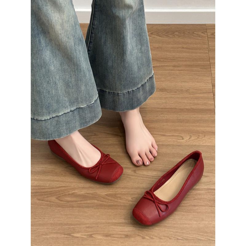 

Кожаные французские маленькие мужские туфли-балетки для женщин с ретро-бантом и на одной педали для увеличения внутренней высоты 35